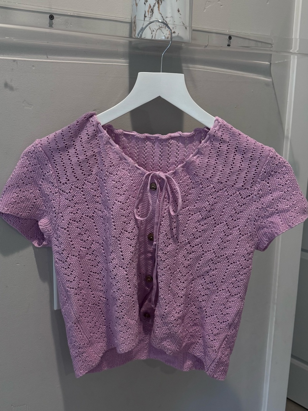 Lilac Knit Short-Sleeve Cardigan Top with Tie Front